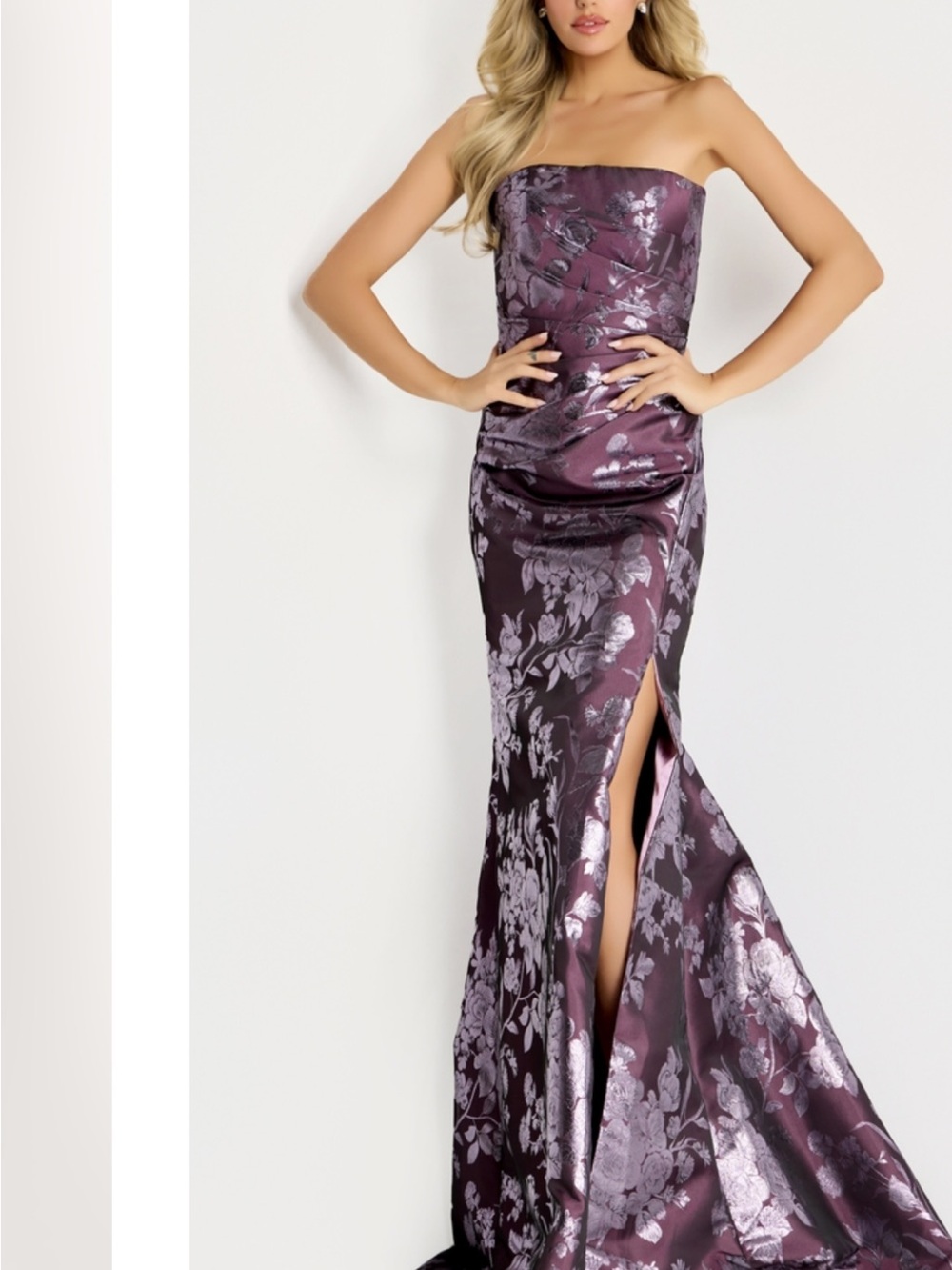Strapless Plum Floral Jacquard Evening Gown